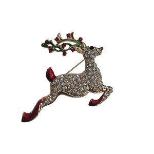 Christmas Pin Brooch Holiday Jumping Reindeer Rhinestones Sparkle Red Nose Green
